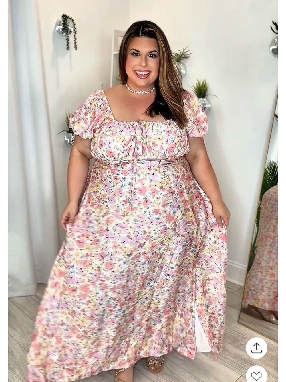 Plus Floral Pink Puff-Sleeve Maxi Dress